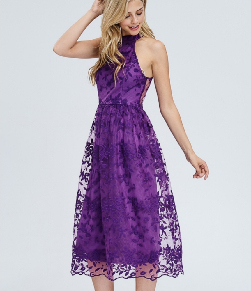 Purple, halter,  crochet lace midi dress